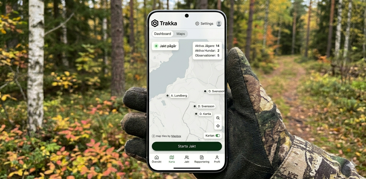 Trakka jakthantering — karta med jägare och observationer